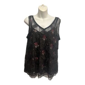 White House Black Market Elegant Black Lace Blouse size large over floral